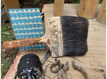 Group Of Oars , Boat Hardware Giant Brush, And Life Jackets