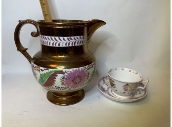 Large Antique Copper Luster Pitcher W/ Luster Ware Cup And Saucer