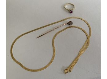 14K Gold Ring , Chain And Stick Pin