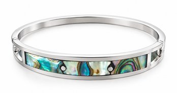 Sterling 925 Silver Hinged Bracelet With Abalone Shell Inlay Signed