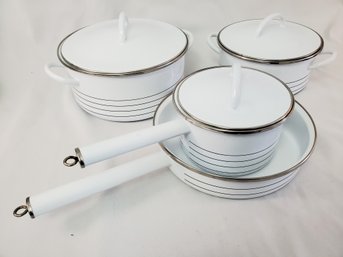 Copco Sam Lebowitz Retro White Enamel Pot And Pan Set With Lids