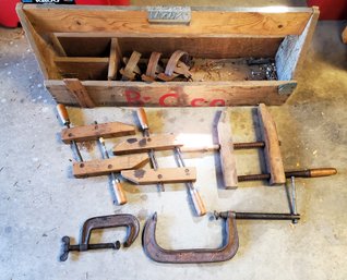 Large Wood Toolbox Lot Of Clamps