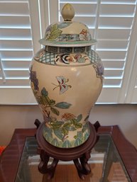 Authentic Hand Painted Large Porcelain Chinese Jar On Wood Stand