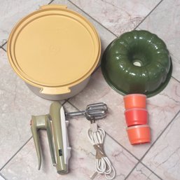 General Electric Hand Mixer Tupperware Cake Holder Storage Bundt Cake Pan