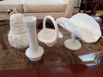 Lot Of 4 Decorative Porcelain Glass Pieces- Hobnail, Cracker Barrel