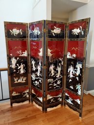 Chinese Export 4 Panel Room Screen Divider Mother Of Pearl Coromandel Lacquered Hand Painted