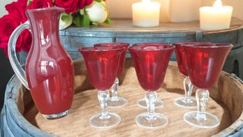6 Ruby Red Blown Glass Goblets With Matching Pitcher