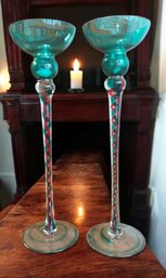 Pair Jozefina Krosno Poland Christmas Art Glass Hand Blown Candle Holder