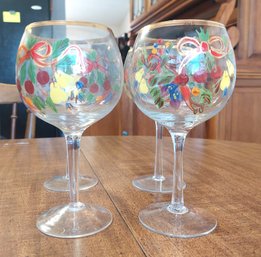 4  Wine Glasses 16 Oz Holiday Ribbon Fruit Gold Trim Handpainted