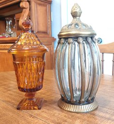 Indiana Glass Mount Vernon Amber Candy Dish Brass And Bubble Glass Jar Lid