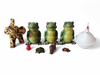 Lot Of Animal Figures- Milk Glass Chicken Dish, Plaster Frogs, Glass Elephant And More
