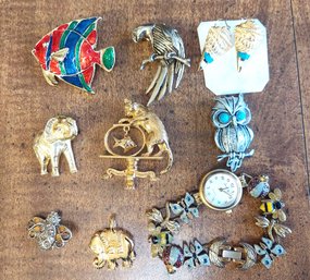 Vintage Animal Brooch Watch Earring Cat Elephant Bee J.j. Owl Avon