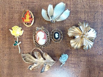 Vintage Cameo Brooches Enamel Yellow Rose Coro Gold Tone Floral