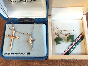 Gold Over Sterling Cross 14kt Gold Filled Cross Nephrite Jade Earrings