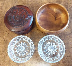 LEATHER Mayan Round Trinket Box Wooden Jewelry Holder Crystal Ring Trinket Dish