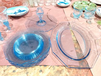 Cambridge Glass Decagon Salad Plates In Willow Blue Set Serving Plate Handled Server Sandwich Tray