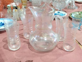 Vintage 1930's Louie Glass Co. Harpo, Iridescent Pitcher With Glasses