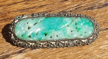 Antique Art Deco Chinese Carved Jadeite Sterling Pin