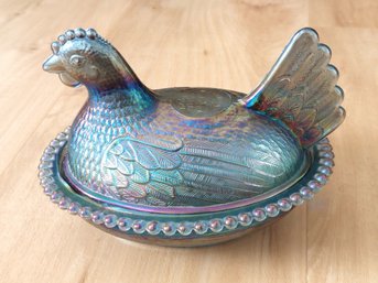 Vintage Indiana Iridescent Carnival Blue Glass Hen On A Nest Bead Covered Dish