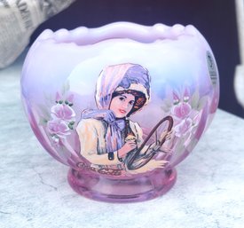 Fenton Pink Opalescent Glass Bowl Custom Hand Painted Coca-cola Girl Vintage