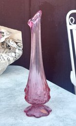 Fenton Rose Pink Ribbed Art Glass Small Swung Bud Vase 8' Signed