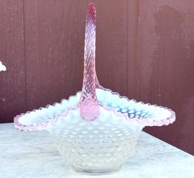 Beautiful Fenton Clear Opalescent Hobnail Pink Crested Glass Basket