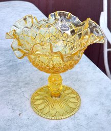 Vintage Fenton Golden Amber Pressed Glass Pedestal Compote, Diamond Pattern, Ruffled Rim