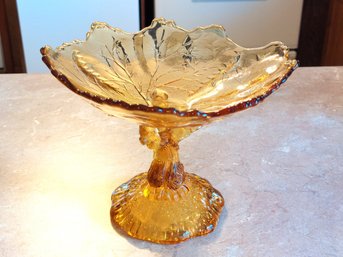 Vintage Amber Glass Pedestal Compote Leaf-molded Design