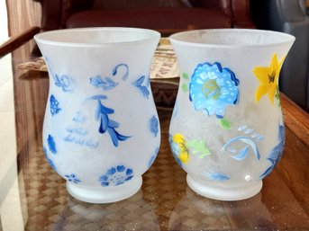 Pair Of Hallmark Hand Painted Hurricane Candle Holder Blue White