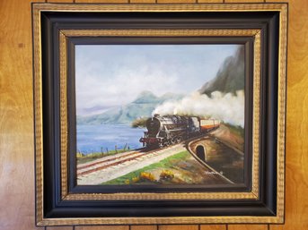 Signed Original Oil On Canvas Steam Train Mountain Landscape