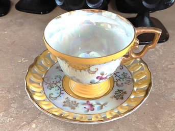 Vintage Lusterware Footed Teacup & Saucer Yellow And Gold