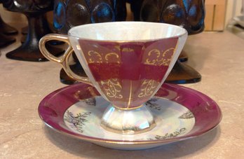 Tea Cup & Saucer Iridescent Burgundy Gold Scroll Pedestal