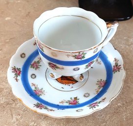 Nasco Footed Tea Cup And Saucer Set Made In Japan Gold Tip Pink Rose