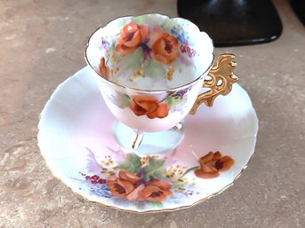 Tokiro Demitasse Cup And Saucer Set Orange Floral Poppy Pattern With Scalloped Gold-trimmed