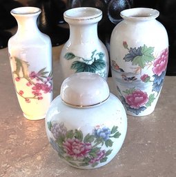 Chinese Porcelain Mini Bud Vases And A Lidded Ginger Jar Floral And Mandarin Duck