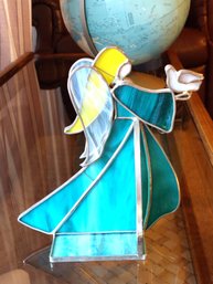 Handcrafted Teal And Turquoise Stained Glass Angel Figurine Holding A White Dove
