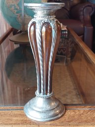 Decorative Silver-plated Pillar Candle Holders Amber Glass With Scrollwork Detail 1970s