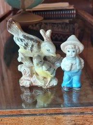 Ceramic Goldfinch Statue - Mama And Baby Bird,  Hand-painted Porcelain Figurine Of A Farm Boy Wearing A Hat