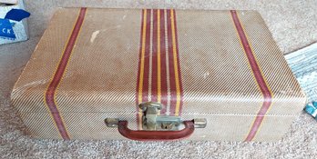 Mid Century Antique Trim Stripe Tweed Travel Suitcase