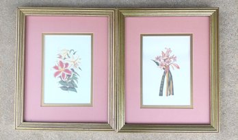 Pair Of Vintage Gold  Framed Botanical Floral Prints Featuring Pink And Yellow Lily