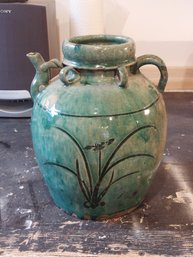 19th Century Floral Martaban Wine Oil Jar Teal Green And Earthy Brown