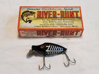 Vintage Heddon Midget River Runt Spook Black & White Shore Minnow W/ Box & Catalog