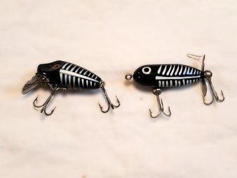 Pair Vintage Heddon Black & White Fishing Lures Midget Digit And Tiny Torpedo