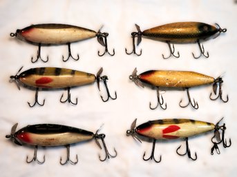 Lot Of 6 Antique Heddon Injured Minnow Wood Fishing Lures