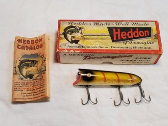Vintage Heddon Lucky 13 Perch Wood Fishing Lure W/ Dowagiac Box & Vest-Pocket Catalog