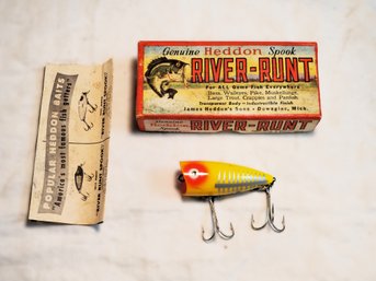 Vintage Heddon Chugger Jr. Yellow Shore Minnow Topwater Lure W/ River-Runt Box & Paperwork