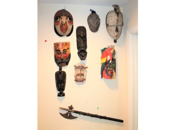 Mixed Decorative Masks From Around The World, African Drum & African Battle AX - Lot Of 10!! BSMT Item #168
