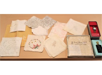 Mixed Lot Of New & Vintage Hand Embroidered Handkerchiefs, Swiss Army Victorina Watch & MORE!! BSMT Item #162