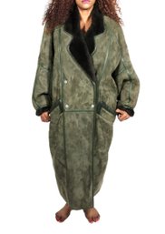 BARBARA BUI VINTAGE KABUKI LONG WINTER SHEARLING COAT - GREEN SUEDE - FUR & LEATHER ACCENT - SZ L - ITEM #370