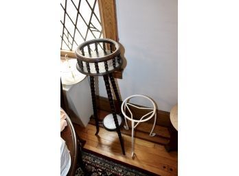 Vintage Wooden Plant Stand & White Metal Plant Stand - Lot Of 2 - GOOD CONDITION!! Item #239 DR